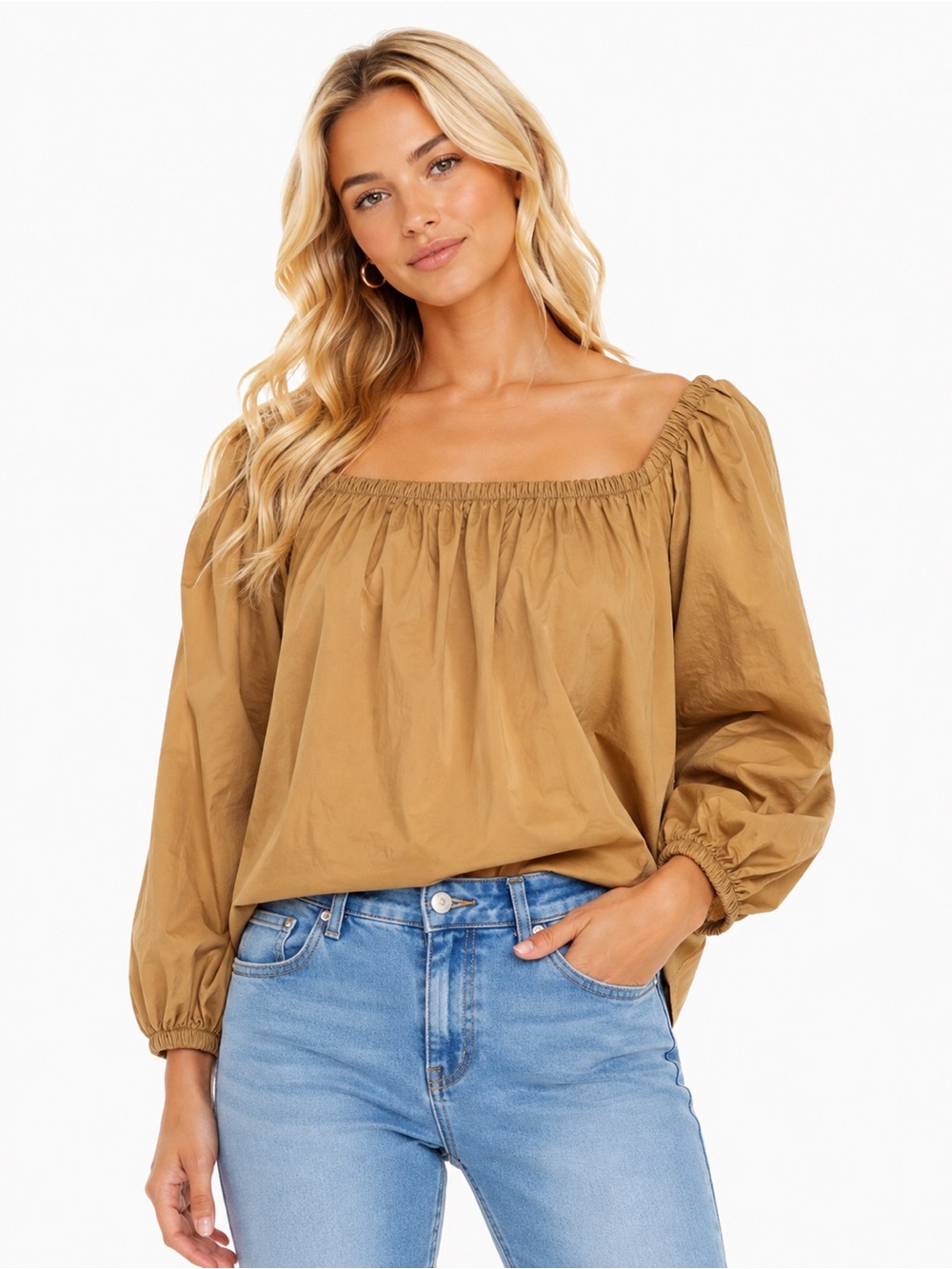 Mare Mare Anthropologie Size Small Square Neck Puff Sleeve Top in Camel